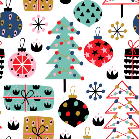 Seamless pattern with Christmas decorations on white background - vector illustrationのイラスト素材