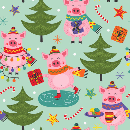 seamless pattern with christmas pig - vector illustrationのイラスト素材