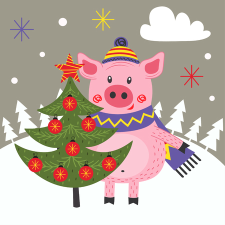 card happy new year with pig and christmas tree - vector illustrationのイラスト素材
