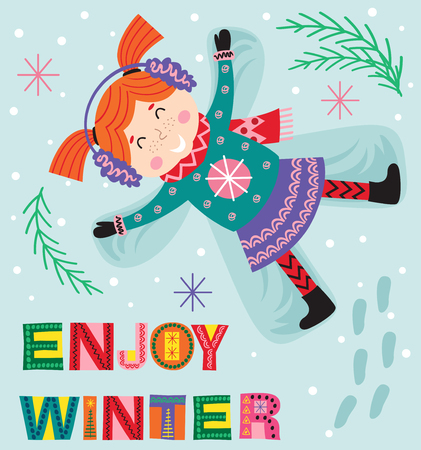 girl making angel in the snow illustrationのイラスト素材