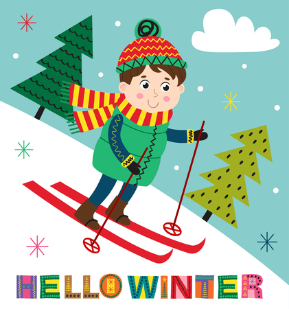 winter poster with boy skiing illustrationのイラスト素材