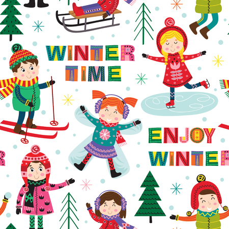 seamless pattern with kids in winterのイラスト素材