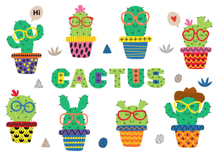 set of isolated funny cactus in glasses illustrationのイラスト素材
