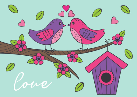 love card with birds on branch illustrationのイラスト素材