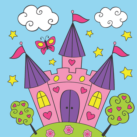 beautiful fairy pink castle illustrationのイラスト素材