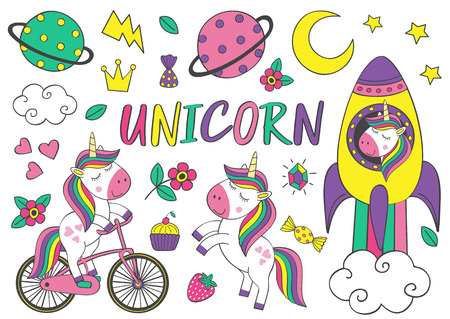 set of isolated cute unicorn and elements illustrationのイラスト素材