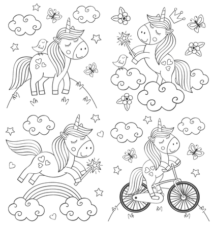 set of isolated coloring cute unicorn illustrationのイラスト素材