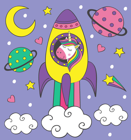 cute little unicorn in the rocket illustrationのイラスト素材