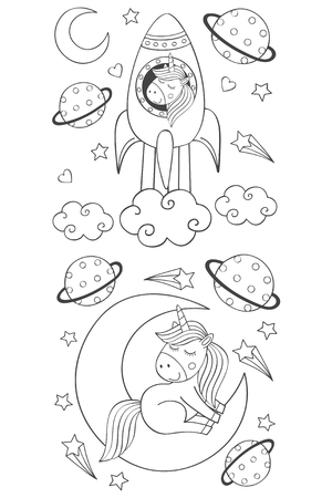 set of isolated coloring cute unicorn in space illustrationのイラスト素材