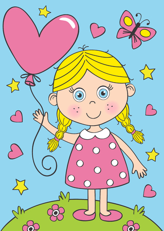 cute little girl with heart balloon illustrationのイラスト素材