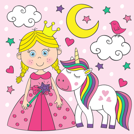 beautiful little princess with unicornのイラスト素材
