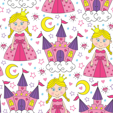 seamless pattern with princess and castle illustrationのイラスト素材