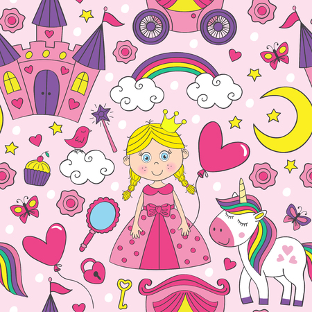 pink seamless pattern with princess and unicorn illustrationのイラスト素材