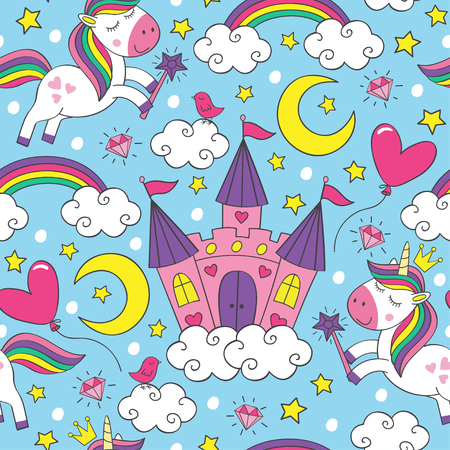 pattern with unicorn and castle illustrationのイラスト素材