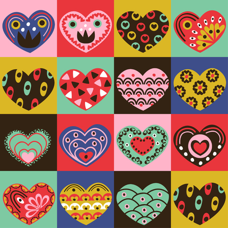 colorful squares background with vintage hearts illustrationのイラスト素材