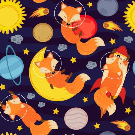 seamless pattern fox in space illustrationのイラスト素材