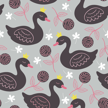 gray seamless pattern princess swan illustrationのイラスト素材