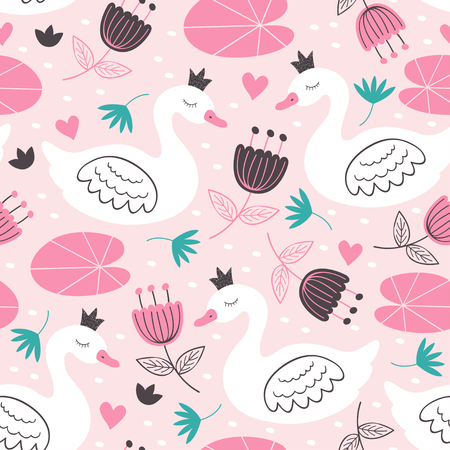 seamless pattern princess swan illustrationのイラスト素材