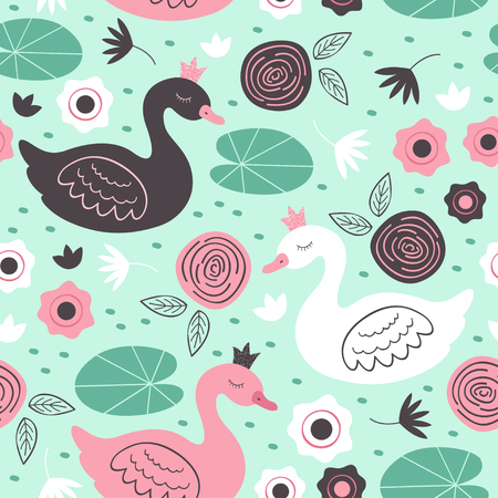 seamless pattern with princess swan illustrationのイラスト素材