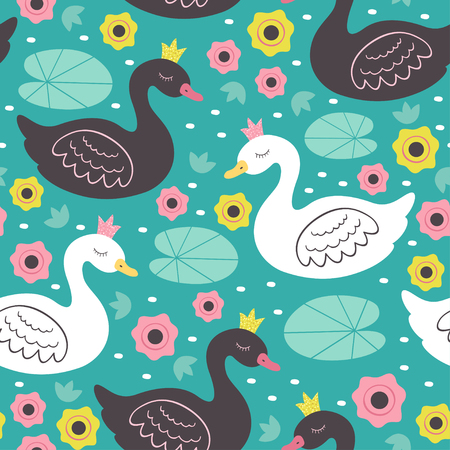 seamless pattern with white and black princess swanのイラスト素材