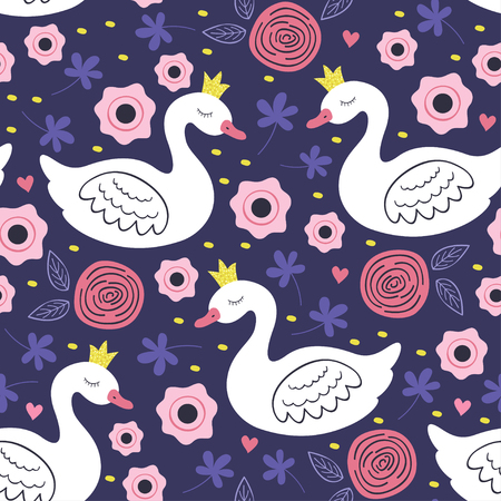 white princess swan seamless patternのイラスト素材