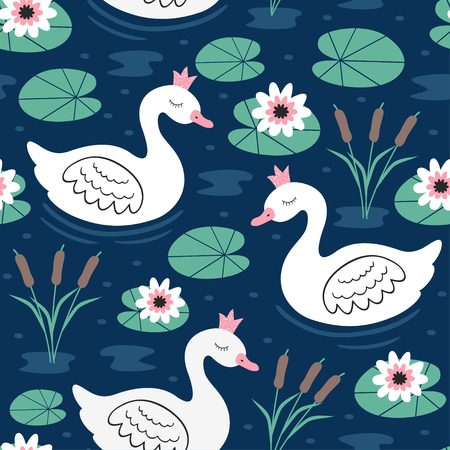 seamless pattern with princess swan on lake illustrationのイラスト素材