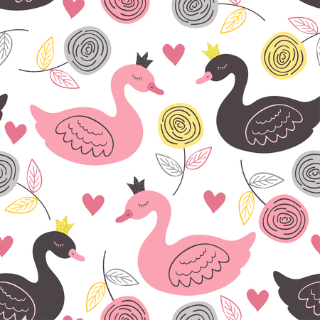 white seamless pattern princess swan illustrationのイラスト素材