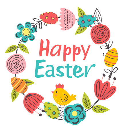 Easter floral frame with chicken illustrationのイラスト素材