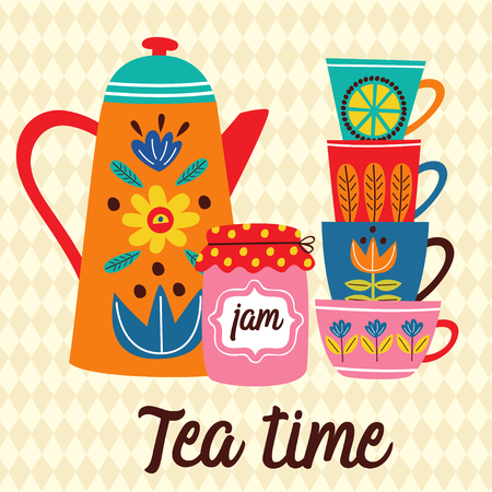 poster with teapot and cups illustrationのイラスト素材