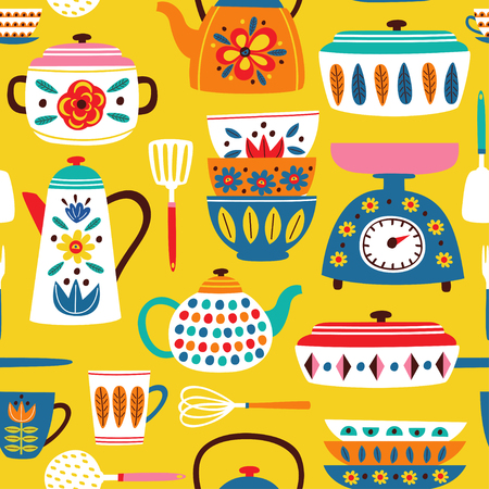 yellow seamless pattern with vintage kitchen illustrationのイラスト素材