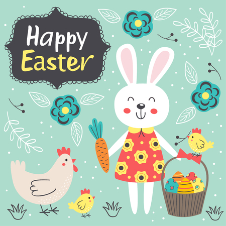 Easter card with cute rabbit and chicken - vector illustrationのイラスト素材