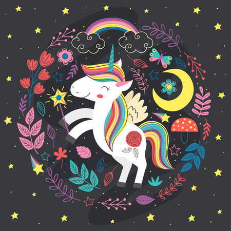 poster with magic night unicorn - vector illustrationのイラスト素材