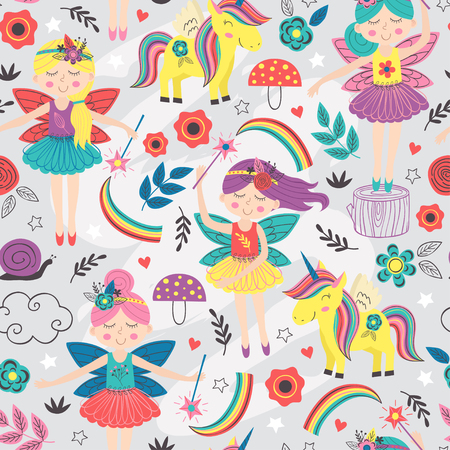 seamless pattern with magic forest fairies - vector illustrationのイラスト素材