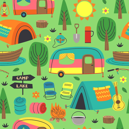 seamless pattern with summer camping elements - vector illustrationのイラスト素材
