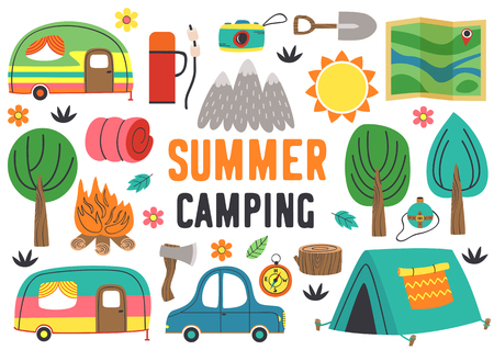 set of isolated summer camping elements part 1 - vector illustrationのイラスト素材