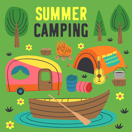 summer camping poster with a tent, a trailer and a boat - vector illustrationのイラスト素材