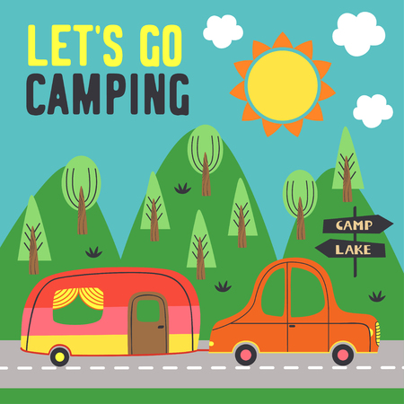 car with a trailer goes to the camp - vector illustrationのイラスト素材