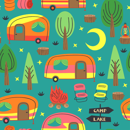 seamless pattern with camping trailer - vector illustrationのイラスト素材