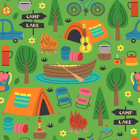 seamless pattern with summer camping in forest - vector illustrationのイラスト素材