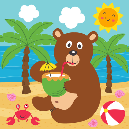 bear drinks coconut beach on the beach - vector illustrationのイラスト素材