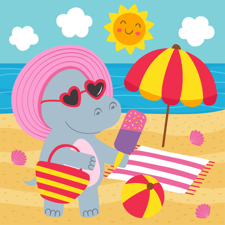 hippo girl with ice cream on the beach - vector illustrationのイラスト素材