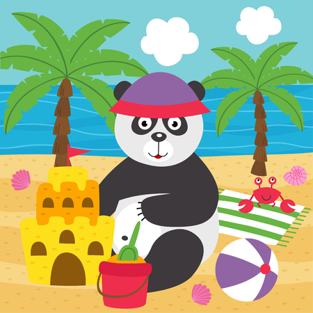 panda builds a sand castle on the beach - vector illustrationのイラスト素材