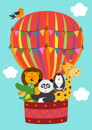 poster funny animals fly in a balloon - vector illustrationのイラスト素材
