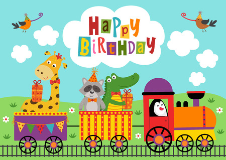 poster funny birthday animals ride the trainのイラスト素材