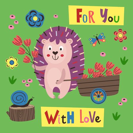 poster with a colorful hedgehog and a cart - vector illustration, epsのイラスト素材