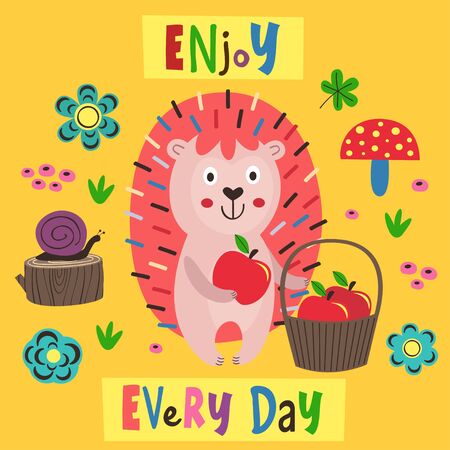 poster colorful hedgehog with a basket of apples - vector illustration, epsのイラスト素材