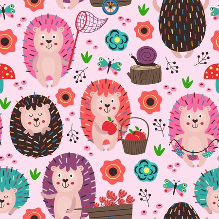 seamless pattern with colorful hedgehogsのイラスト素材