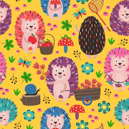 seamless pattern with colorful hedgehogsのイラスト素材