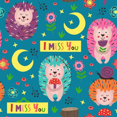 seamless pattern with colorful hedgehogsのイラスト素材