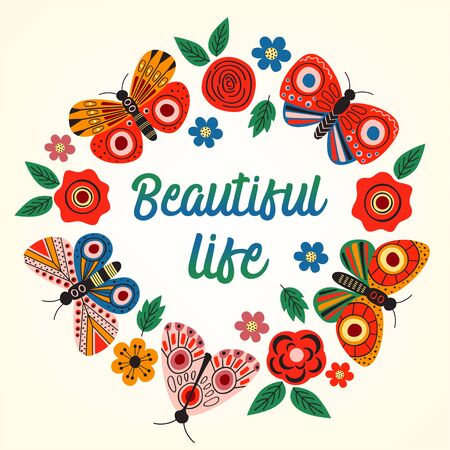 poster with butterflies and flowers - vector illustrationのイラスト素材